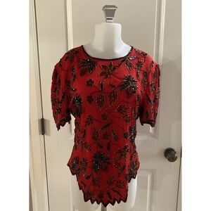 Vintage LAURENCE KAZAR Women's Silk  Black Sequin Beaded Red Top Size Medium‎